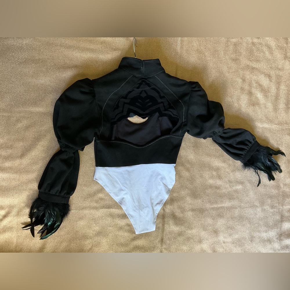 Miccostumes Black&White Anime Cosplay Body Suit Suede Like Top with Feather